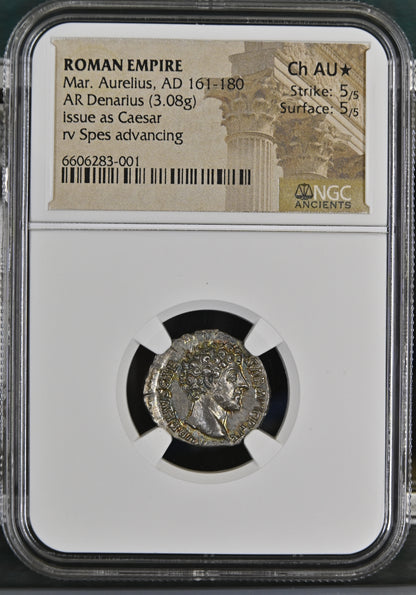 Marcus Aurelius as Caesar Silver Denarius NGC Ch AU Star 5/5, 5/5